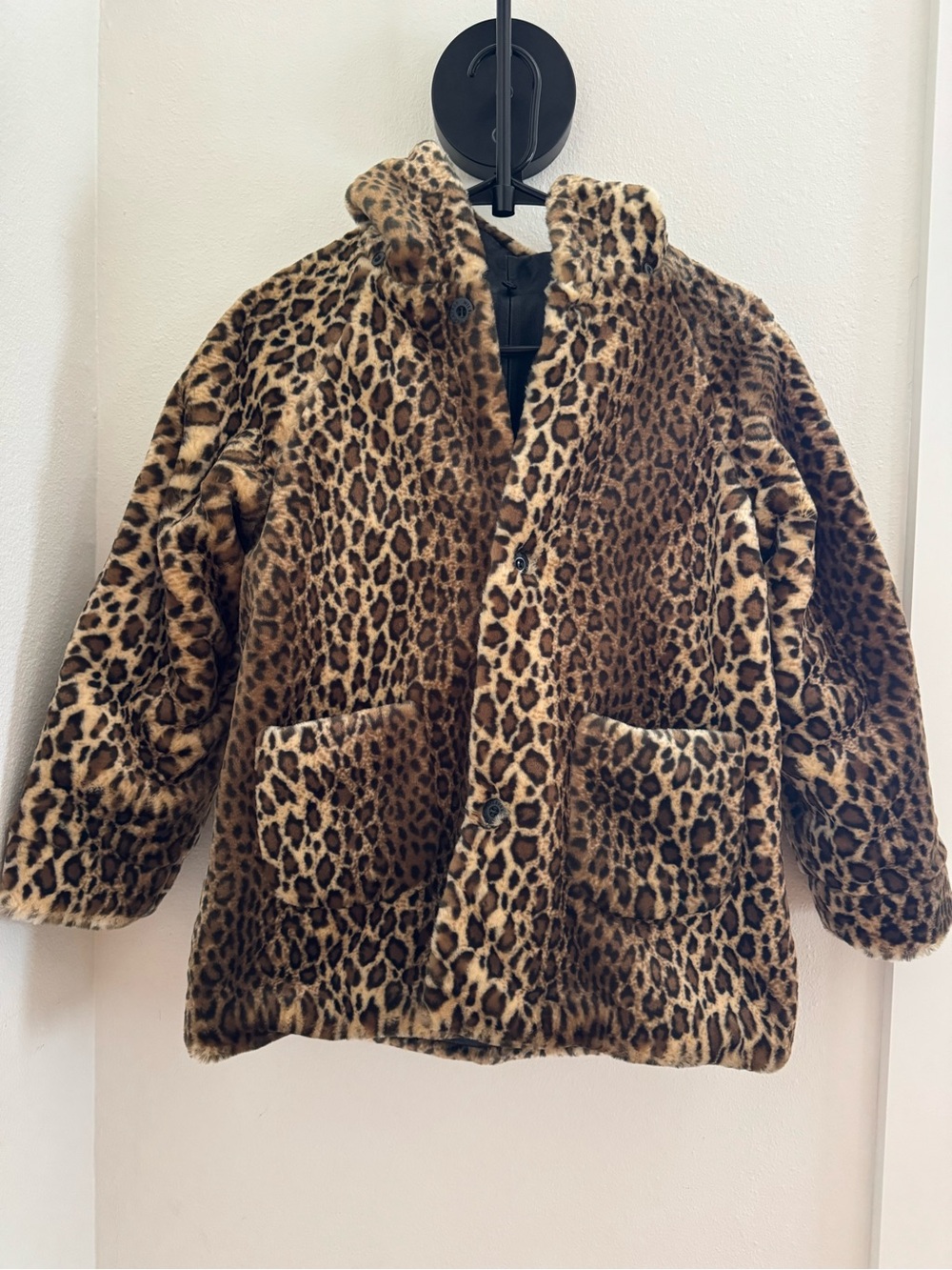 Wilson's Leather reversible kids XL Black Leather Hooded Coat Leopard faux fur